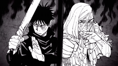Black And White Drawing Of Man Holding Sword And Woman Covering Face GIF