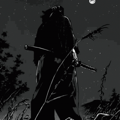 Black And White Drawing Of Man Holding Sword In Field GIF