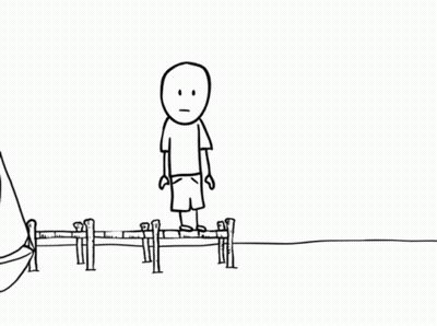 Black And White Drawing Of Man On Pier Next To Sailboat GIF