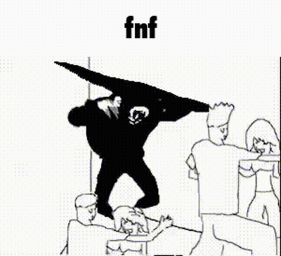 Black And White Drawing Of People Around Man With Huge Head GIF