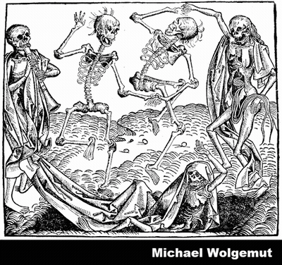 Black And White Drawing Of Skeletons With Michael Wolgemut GIF