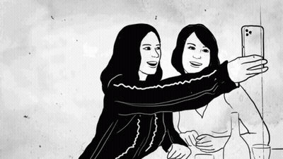 Black And White Drawing Of Two Women Taking Selfie Saying Why You Gotta Wear My Sweater GIF