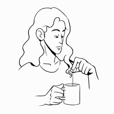 Black And White Drawing Of Woman Holding Coffee And Spoon GIF