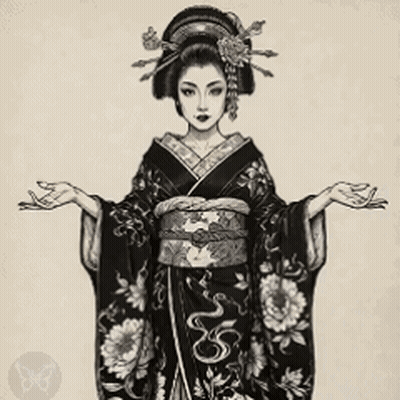 Black And White Drawing Of Woman In Kimono GIF