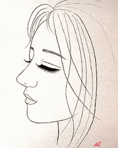 Black And White Drawing Of Woman With Pencil In Mouth GIF