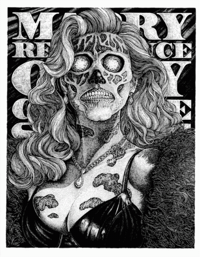 Black And White Drawing Of Woman With Skull Face Paint GIF