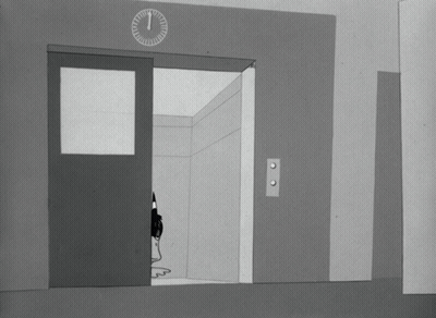 Black And White Duck Looking Out Elevator With Clock GIF