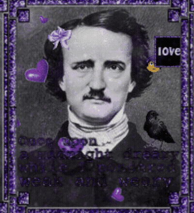 Black And White Edgar Allan Poe With Purple Hearts And Purple Frame GIF