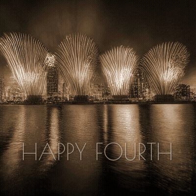 Black And White Fireworks Over Water Happy Fourth GIF