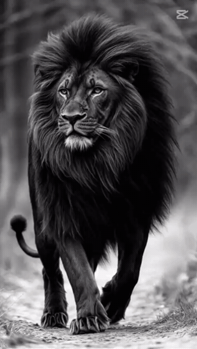 Black And White Lion Walking Down Dirt Path GIF