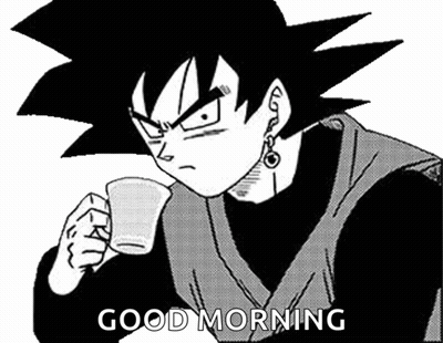 Black and White Man Holding Coffee Saying Good Morning