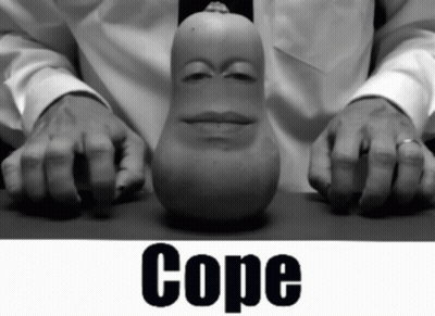 Black And White Man Holding Pear With Face Saying Cope GIF