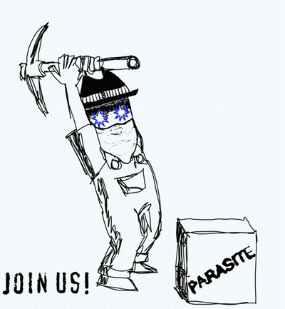 Black And White Man Holding Pickaxe And Parasite Box GIF