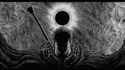Black And White Man Holding Sword Before Black Hole GIF