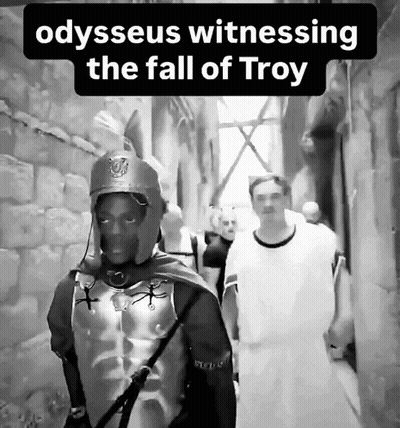 Black And White Man In Armor Odysseus Witnessing Fall Of Troy GIF