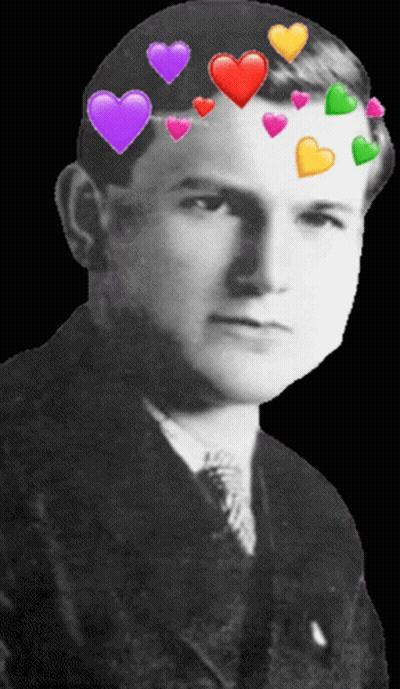 Black And White Man With Colorful Hearts On Head GIF