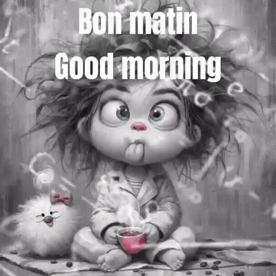 Black And White Painting Of Girl With Stuffed Animal Holding Coffee GIF