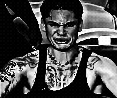 Black And White Painting Of Man With Tattooed Arms GIF