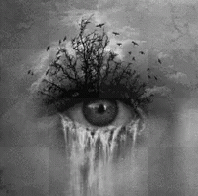 Black And White Painting Of Woman's Eye With Waterfall And Tree GIF