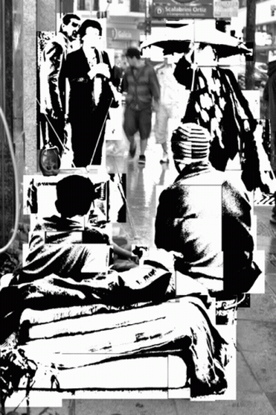 Black And White People On Sidewalk With Galicia Sign GIF