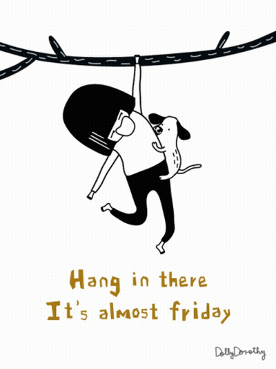 Black And White Person Hanging From Tree Branch With Hang In There Its Almost Friday GIF