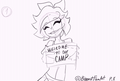 Black And White Person Holding Welcome To Our Camp Sign GIF