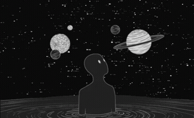 Black And White Person In Water Watching Planets GIF