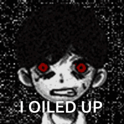 Black And White Person With Red Eyes Saying I Oiled Up GIF