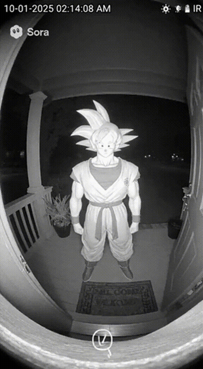 Black And White Photo Of Goku Statue On Porch GIF