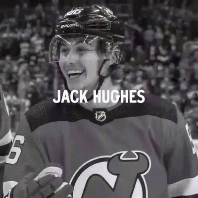 Black And White Photo Of Jack Hughes Hockey Player GIF