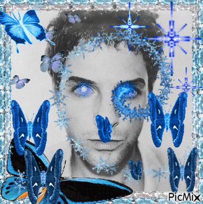 Black And White Photo Of Man With Blue Butterflies Picmix GIF