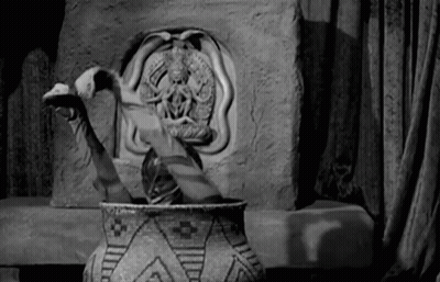 Black And White Photo Of Snake Statue In Pot GIF