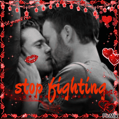 Black And White Photo Of Two Men Kissing Saying Stop Fighting GIF