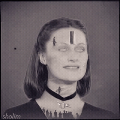 Black And White Photo Of Woman With Hole In Head And Group Behind Her GIF