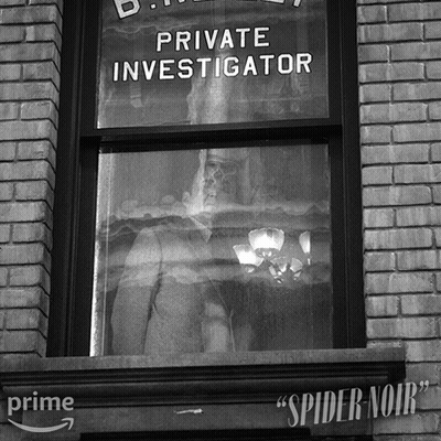 Black and White Private Investigator Looking Out Window