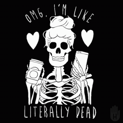 Black And White Skeleton Holding Coffee And Cell Phone GIF