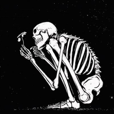 Black And White Skeleton Holding Flower With Ghost Behind GIF