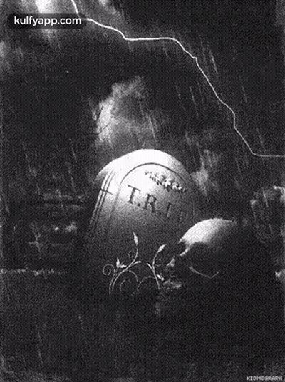 Black And White Skull And Grave In Rain GIF