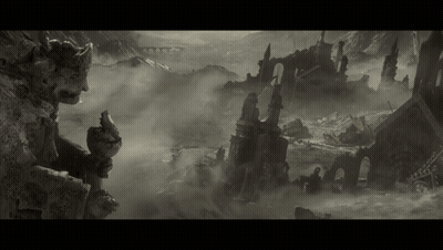 Black And White Statue In Front Of Ruined City GIF