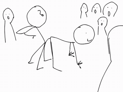 Black And White Stick Figures Standing Around Person GIF