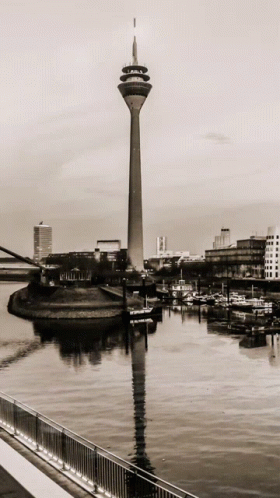 Black And White Tower Overlooking Water With Buildings GIF