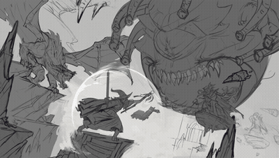 Black And White Witch Fighting Monster GIF