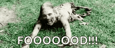 Zombi en blanco y negro arrastrándose por el césped diciendo comida GIF