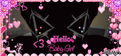Black Background With Pink Hearts Saying Hello Baby Girl GIF
