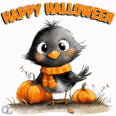 Black Bird In Orange Scarf Next To Pumpkins Happy Halloween GIF