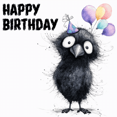 Black Bird In Party Hat Holding Balloons GIF