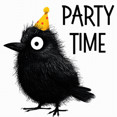 Black Bird Wearing Party Hat Saying Party Time GIF