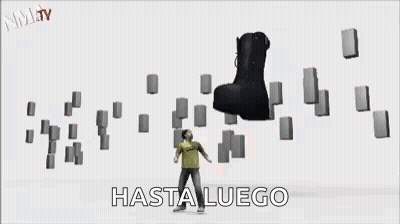 Black Boot With Hasta Luego Surrounded By Blocks GIF