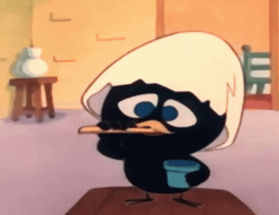 Black Cartoon Bird With White Hat Standing On Table GIF