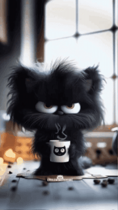 Black Cat Holding Coffee Cup GIF